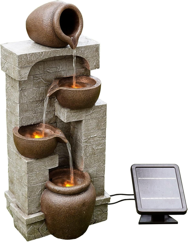 28 in. Cascading Bowls and Stacked Stones LED Outdoor Water Fountain Living Spaces to Create a Calming Oasis