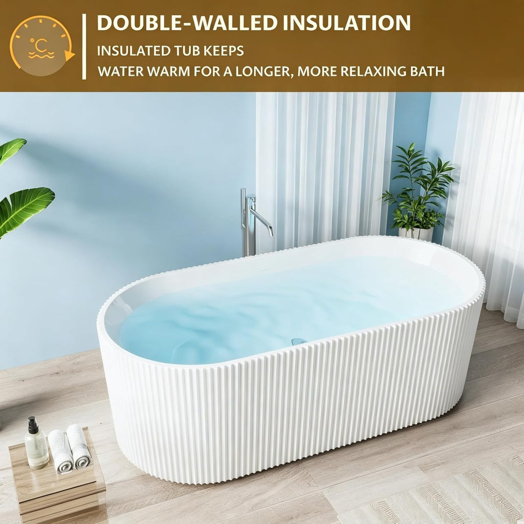 59 Inch Acrylic Freestanding Bathtub, Deep Soaking Tub with Non-Slip Base, cUPC Certified Free Standing Tub, Chrome