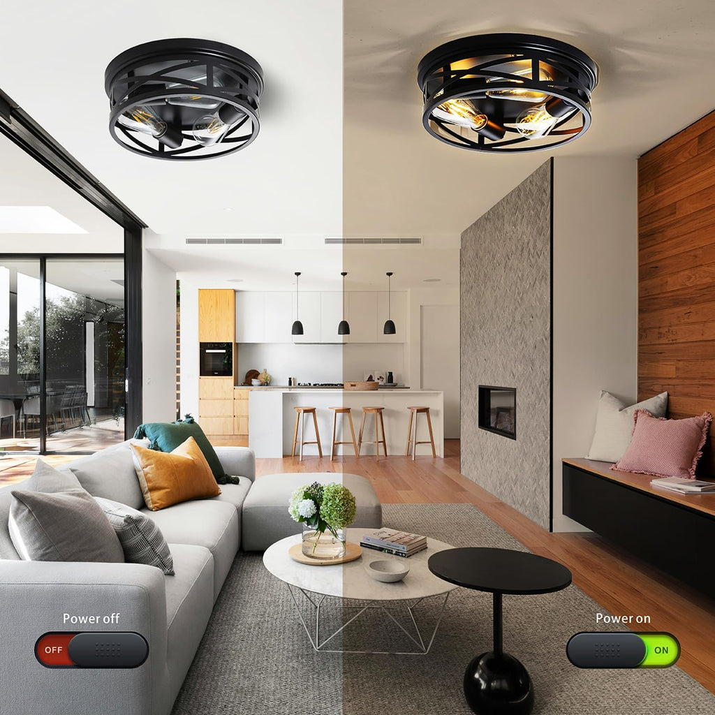 Farmhouse Flush Mount Ceiling Light 12 Inch E26 3-Light Large Black Anti-Rust Metal Cage Close to Ceiling Lamp for Overhead Entryway Kitchen Outdoor Porch 1pack