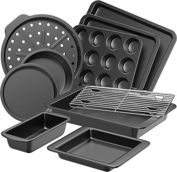 Bakeware Sets, Pans Set, Nonstick Oven Pan with Wider Grips, 10 Pieces Including Rack, Cookie Sheet, Cake Pans, Loaf
