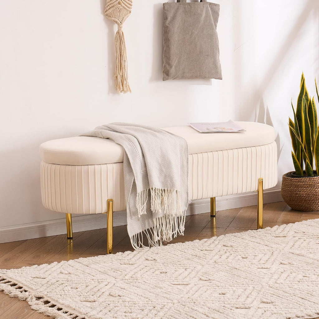 45.5" Ivory White Storage Bench with Gold Legs , Velvet | Upholstered, /Living Room/Window/Entryway, End of Bed