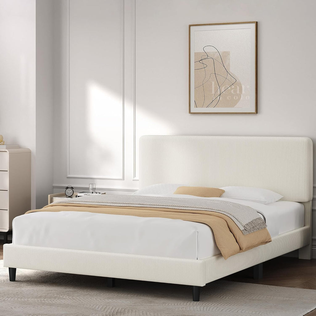 Full Bed Frame with Adjustable Headboard, Chenille Fabric Upholstered Headboard/Platform Bed