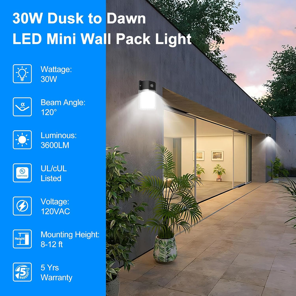 30W LED Wall Pack Light, Dusk to Dawn Outdoor Lighting Sensor, 3600LM, 5000K, LED Outdoor Wall Lights, 120Vac IP65