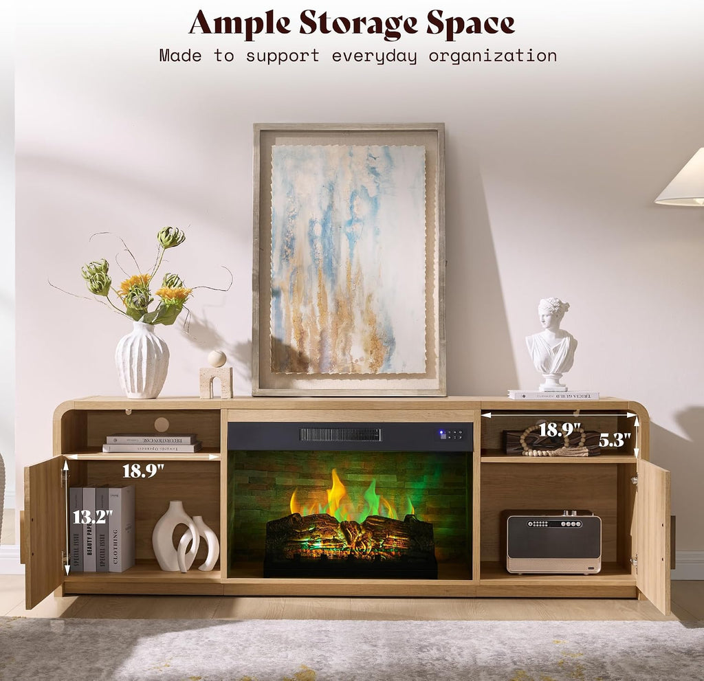 70" Fluted Fireplace TV Stand for TVs Up to 80", Modern TV Console with 30" Electric Fireplace & Storage Cabinets