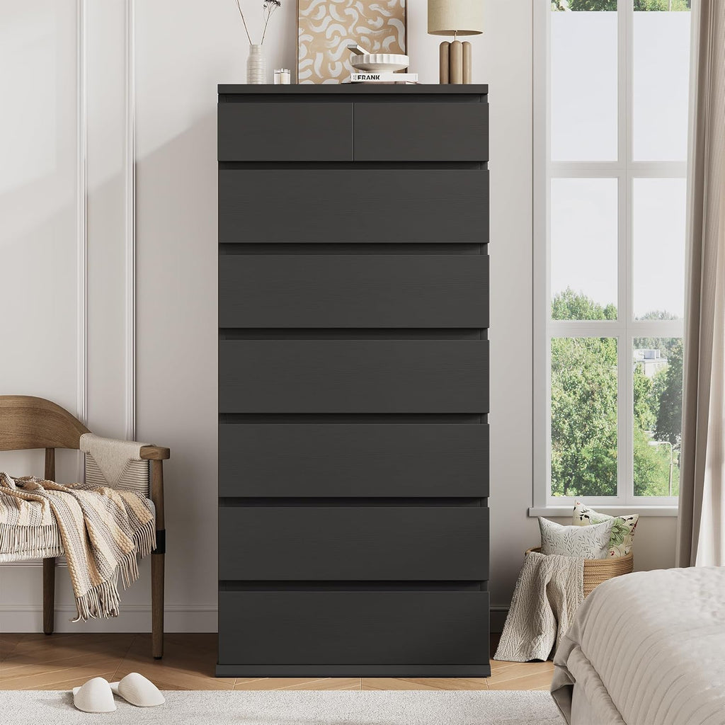 Black Tall 8 Drawer Dresser ,Dressers & Chests of Drawers with Jewelry Storage,Wood Storage Dresser with Deep Drawers