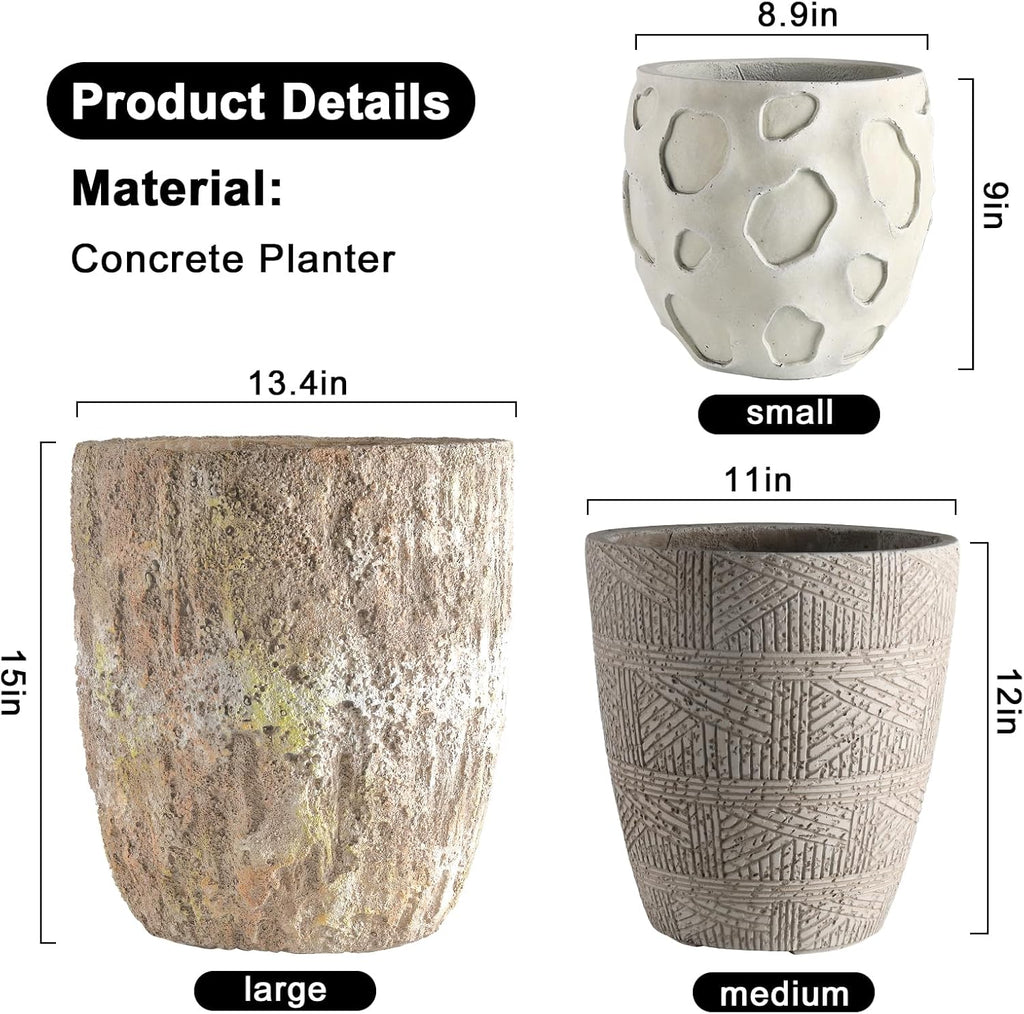 Round Concrete Style Planter Set of 3, Large Outdoor Flower Pots with Drainage, Stone Texture Plant Pots for Indoor