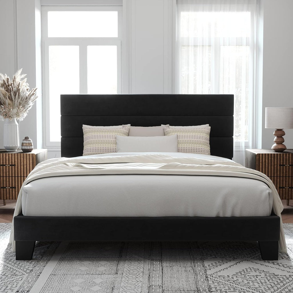 King Platform Bed Frame with Velvet Upholstered Headboard and Wooden Slats Support