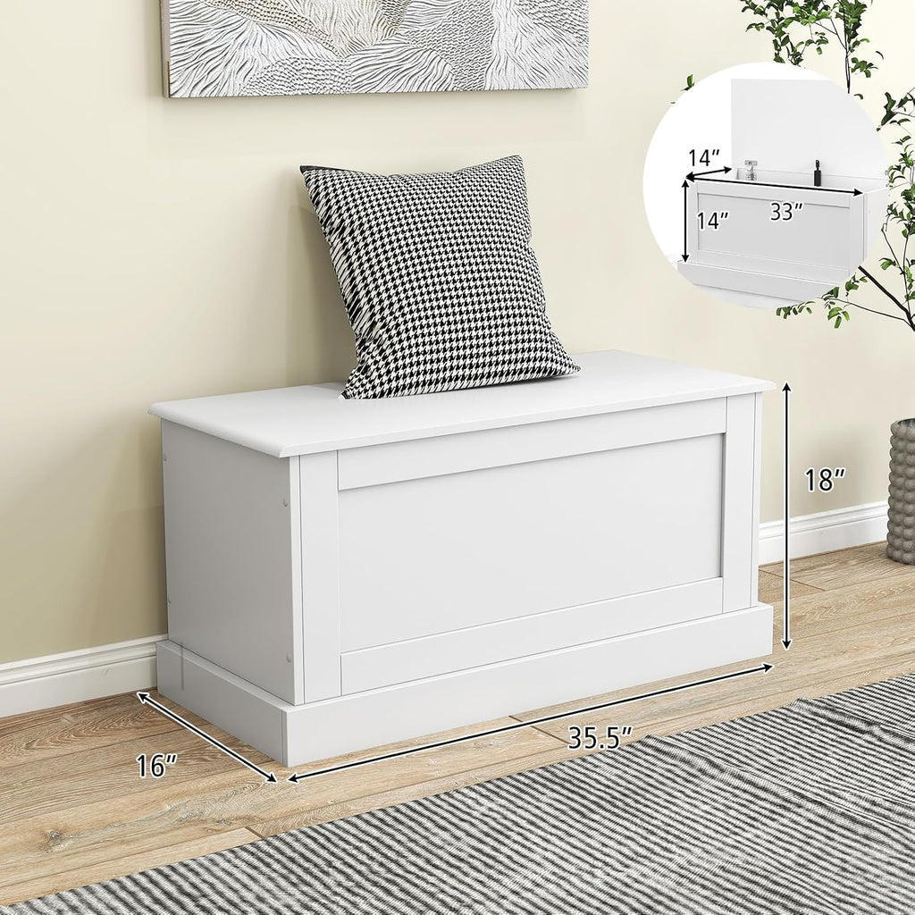 35.5-inch Wooden Storage Bench, Lift Top Storage Box (White) | Large Storage Chest | Farmhouse Storage Trunk | Metal