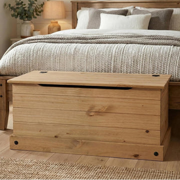 Corona Storage Chest with Lid - Natural Wood Trunk , or Living Room - Safe-Stay Hinged Top for Easy Access
