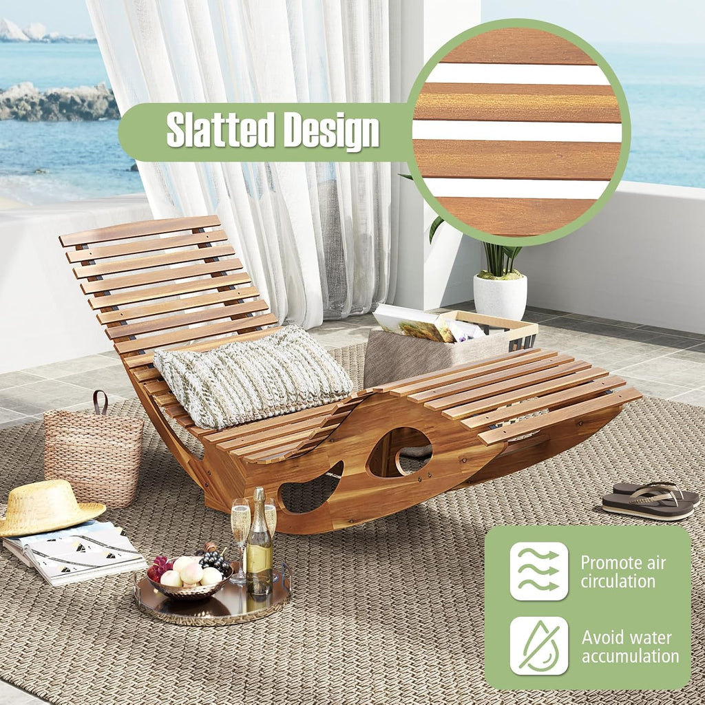 Outdoor Chaise Lounge Chair Set of 2, Acacia Wood Rocking Sun Lounger with Slatted Backrest and Seat, Wooden Rocker