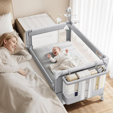 4 in 1 Baby Bassinet, One-Push Setup Pack and Play, Bedside Crib Sleeper with 3 Height Adjustable,Diaper Changer