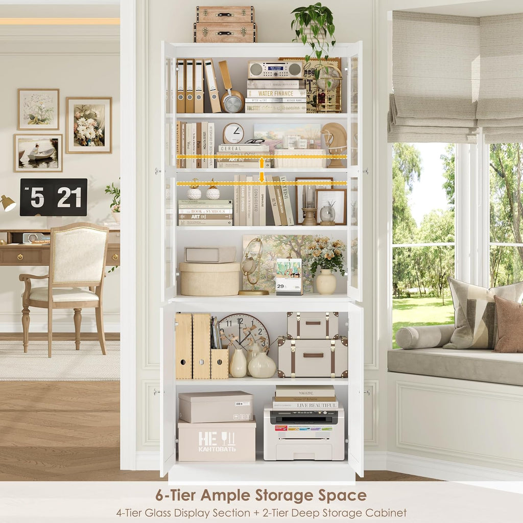 73.2" Tall Bookcase with Glass Doors, 6-Tier Book Shelf with Adjustable Shelf, Tall Bookshelf with Storage Cabinet