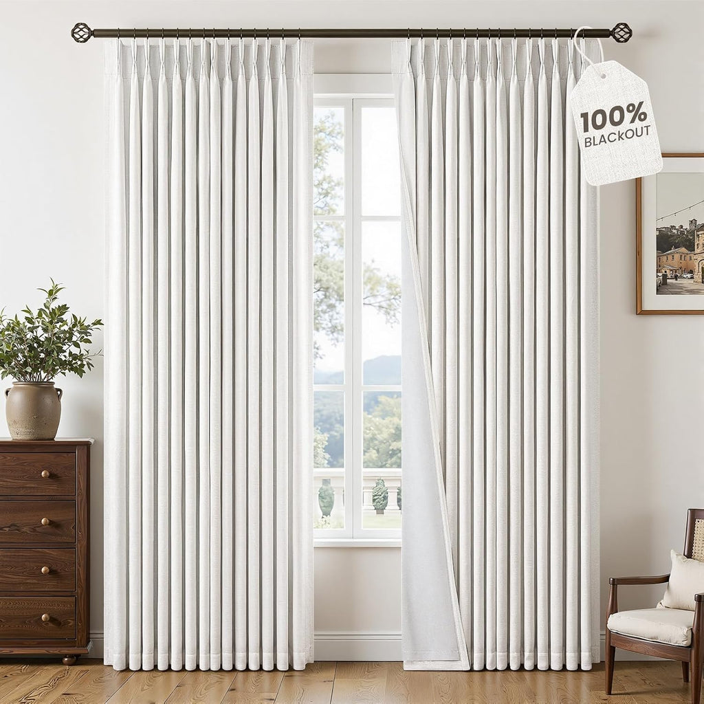 100% Blackout 90 Inch Natural Linen Pinch Pleated Curtains 2 Panels