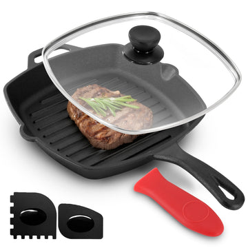 10.4 Inch Pre-Seasoned Cast Iron Griddle with Tempered Glass Lid