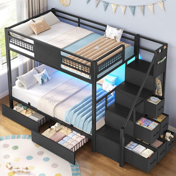 Bunk Bed Twin Over Twin with Stairs, LED Lights Twin Bunk Bed with 2 Storage Drawers & 6 Fabric Drawers