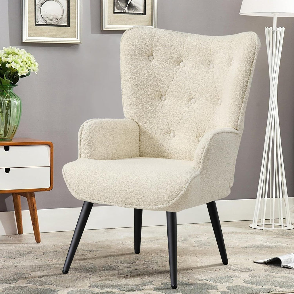 Boucle Accent Chair , Upholstered Reading Chair with High Backrest, Tufted-Button Wingback Armchair , Dressing Room