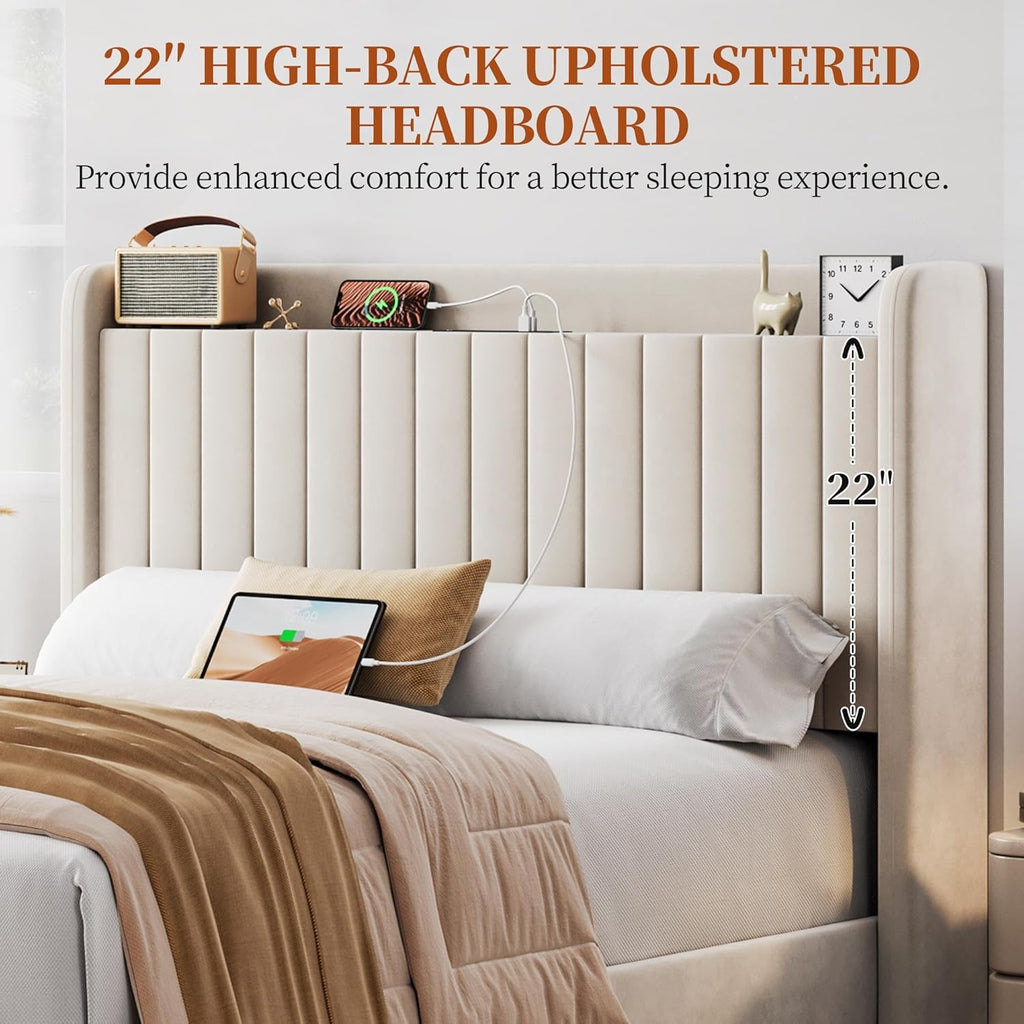Full Bed Frame with USB Charging Station and Storage Shelf/Upholstered Headboard Platform Bed with Wing Side/Wooden