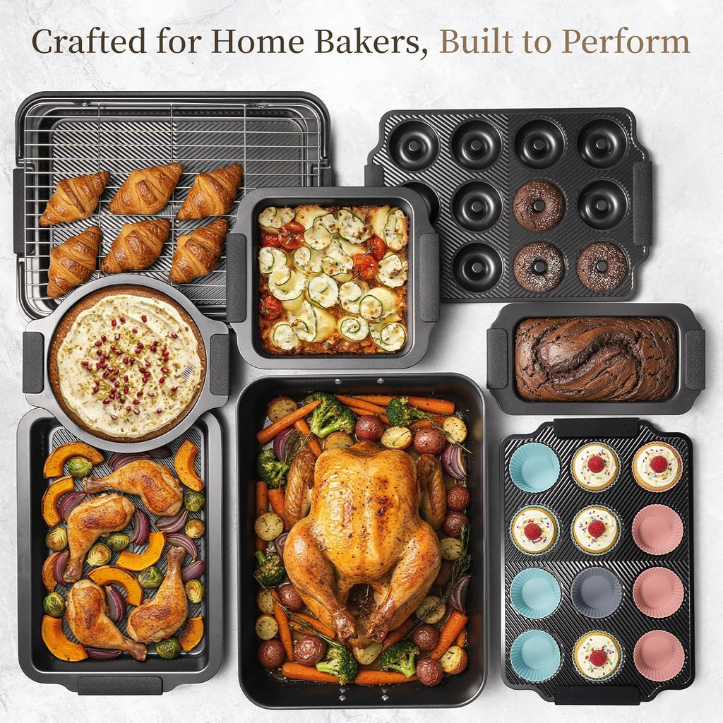 25 PCS Stackable Pans Set, Non-stick Bakeware Sets with Silicone Handles, 450°F Oven Safe Cookie Sheets for , Easy
