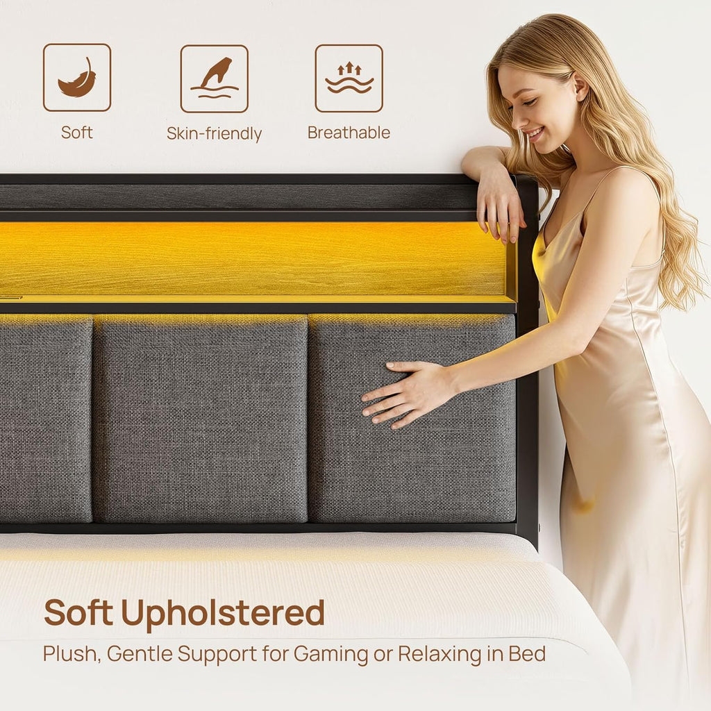 Bed Frame Full with Charging Station and LED Lights, Upholstered Storage Headboard with Drawers