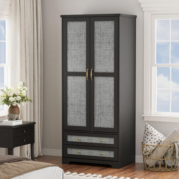 71" Wooden Armoire Wardrobe Closet with 2 Doors & 2 Drawers, Black | Modern Tall Storage Cabinet with Adjustable