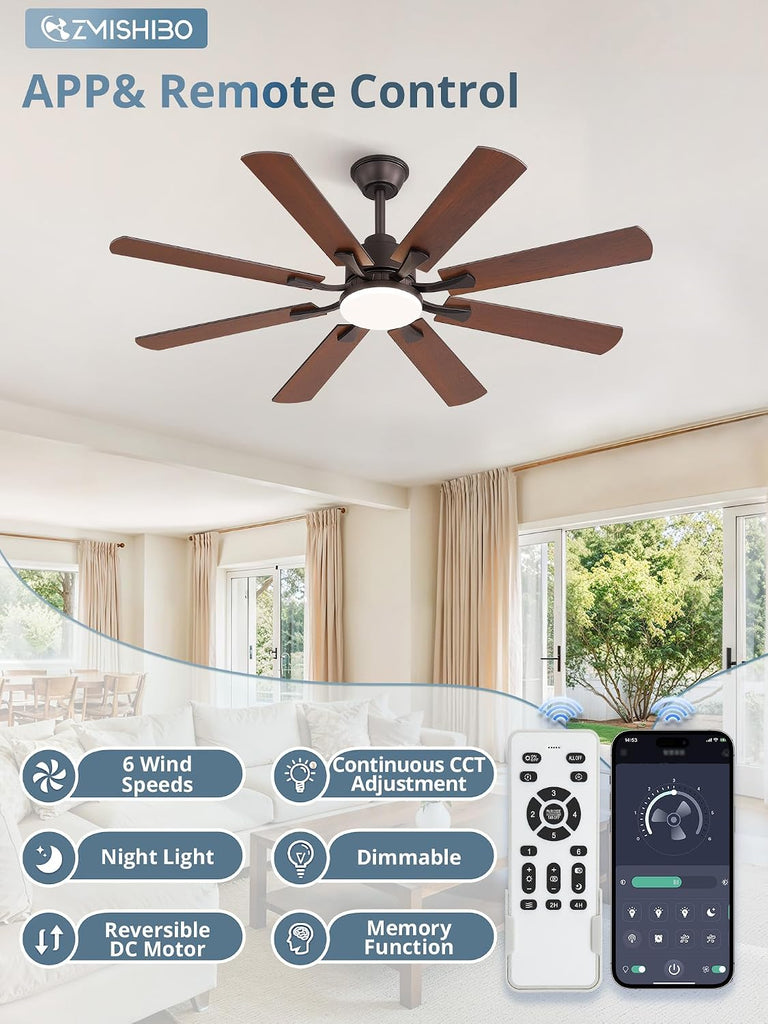52 inch Ceiling Fan with Light and Remote, 8 Blades Ceiling Fans with 20W LED Light, Quiet DC Motor, 6 Speeds