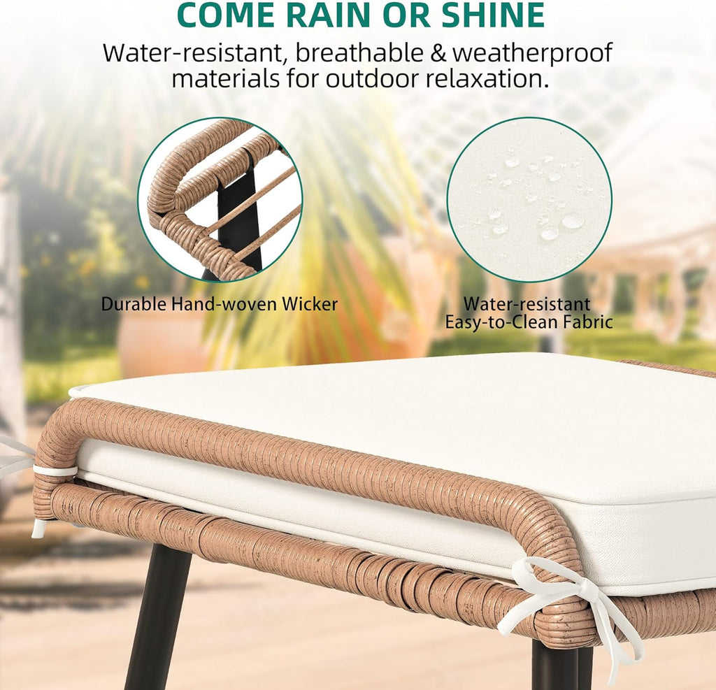 2-Piece Outdoor Wicker Ottoman, All-Weather Patio Rattan Foot Rest with Cushions - Beige