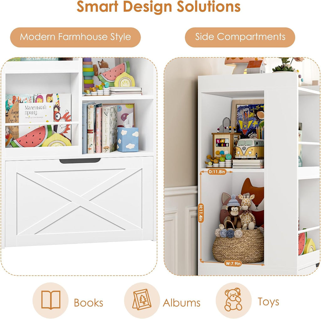 Kids Bookshelf with Reading Nook, Toy Organizer with Seat Bench | Large Toy Storage Toy Organizer with Seat Cushion