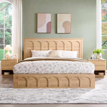 Arched King Size Bed Frame Modern with 4 Drawers, Natural Oak