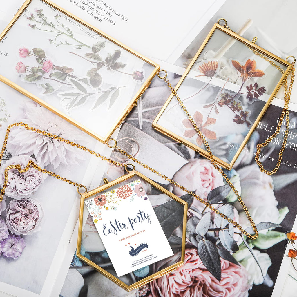 3 Pack Pressed Flowers Glass Frames, Brass Hanging Picture Frames with Chain, Small Golden Floating Photo Frame