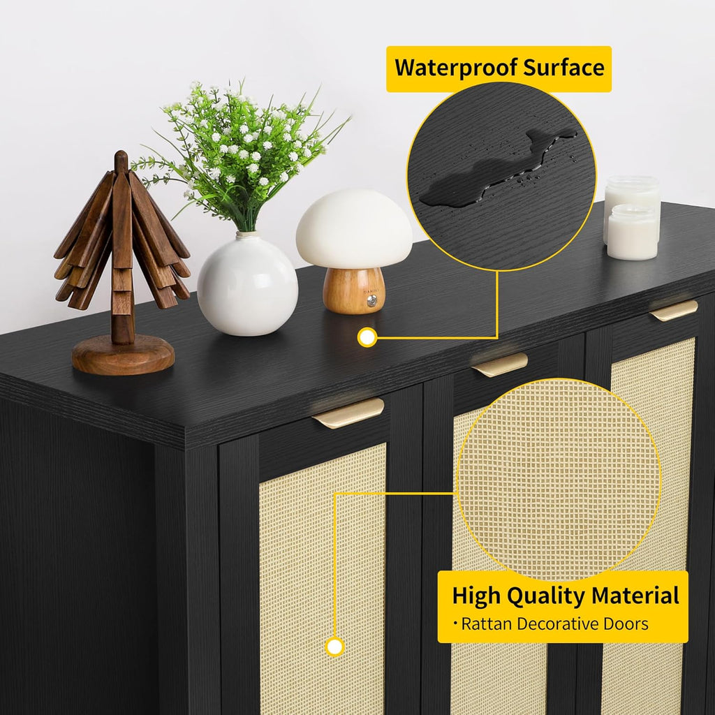 Rattan Sideboard Buffet Credenza Cabinet - Large Farmhouse Kitchen Coffee Bar Cabinet with 4 Rattan Door Storage for Entryway Living Room, 55" x 15" x 31.5" (Black)