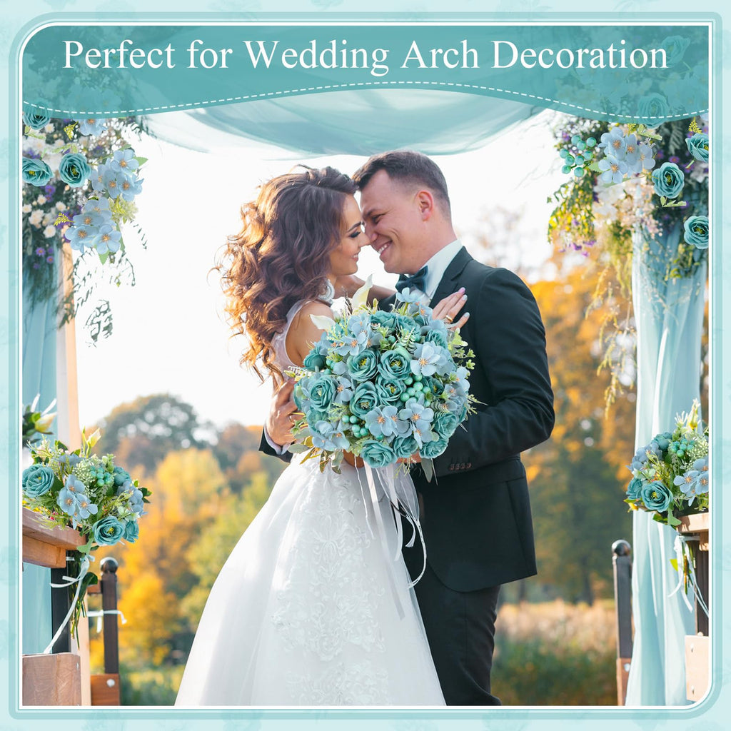 8 Pcs Artificial Rose Bouquet 12 Inch Wedding, Teal Blue