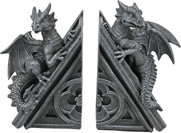 Castle Dragon Gothic Decor Decorative Bookend Statues, 8 Inch, Set of Two, Polyresin, Grey Stone