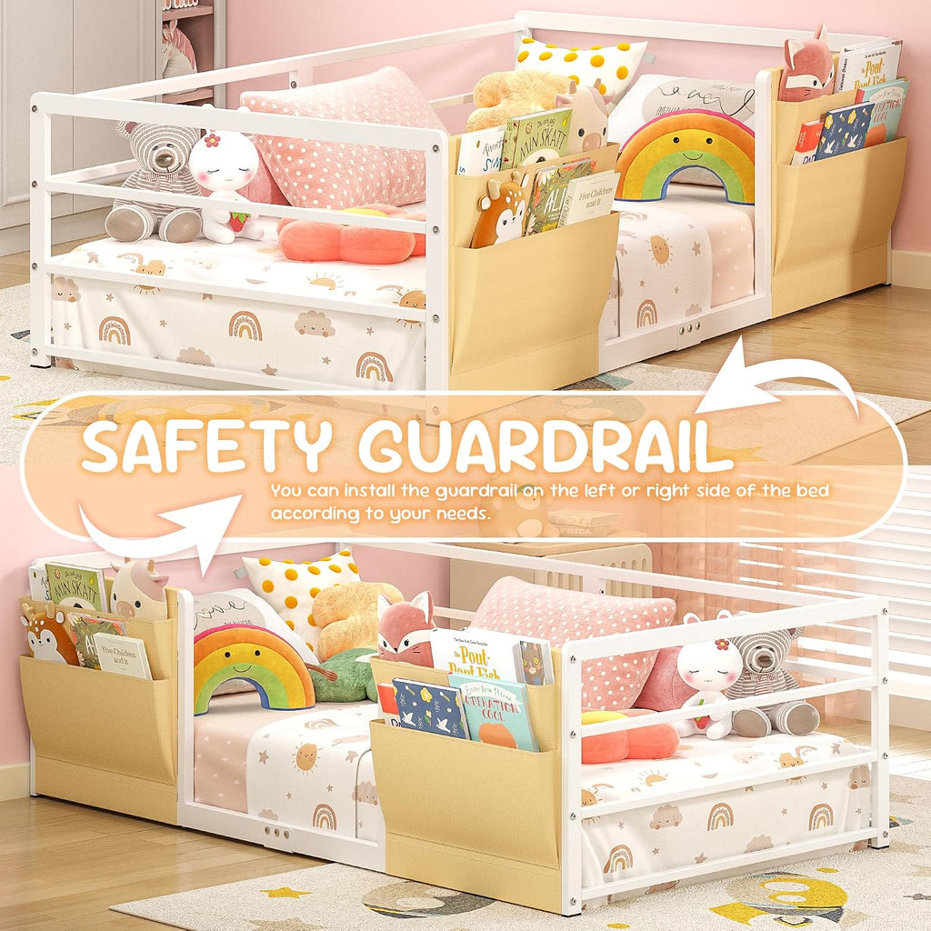 Floor Bed for Kids, White | Safety Guardrails, Montessori Bed Frame, Bedside Caddy, Suitable
