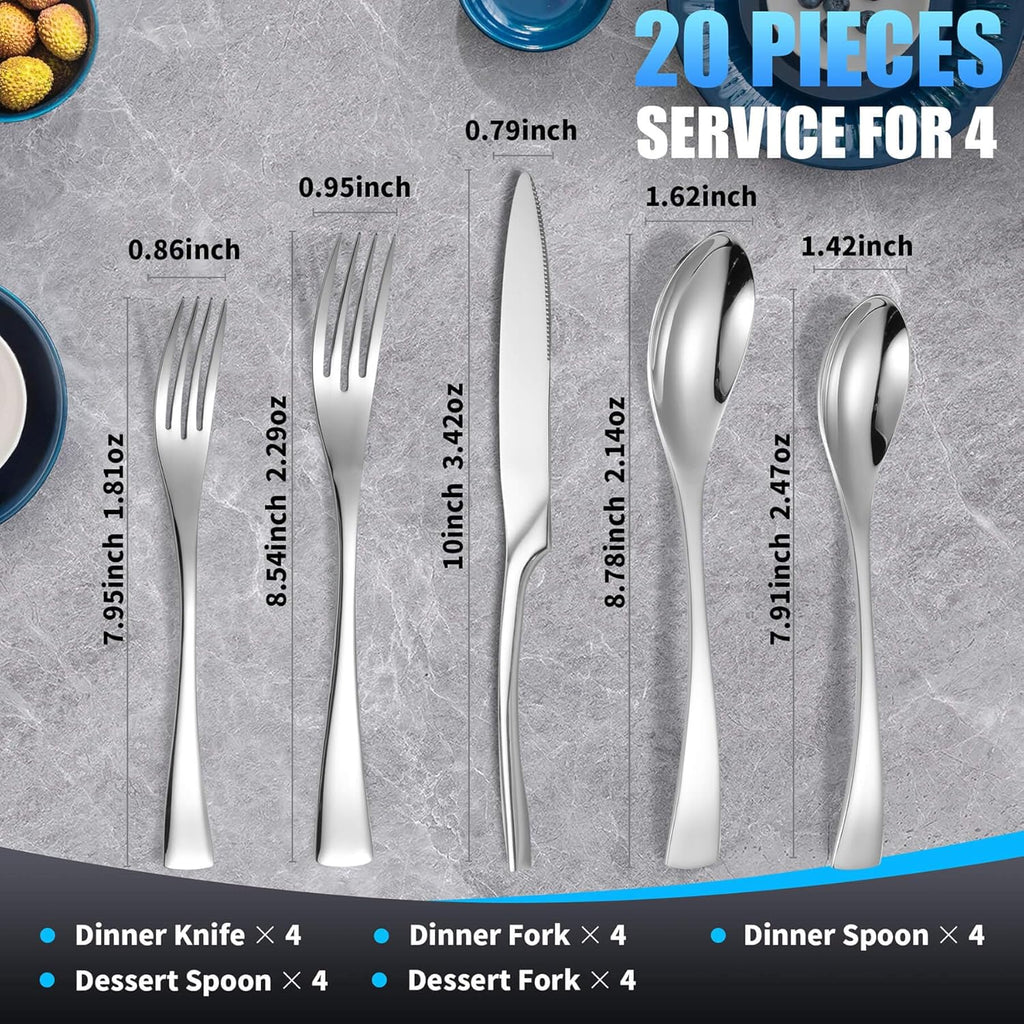 20 Pieces Silverware Set for 4,Heavy Duty 18/10 Stainless Steel Flatware Set with Forged Stand Knives