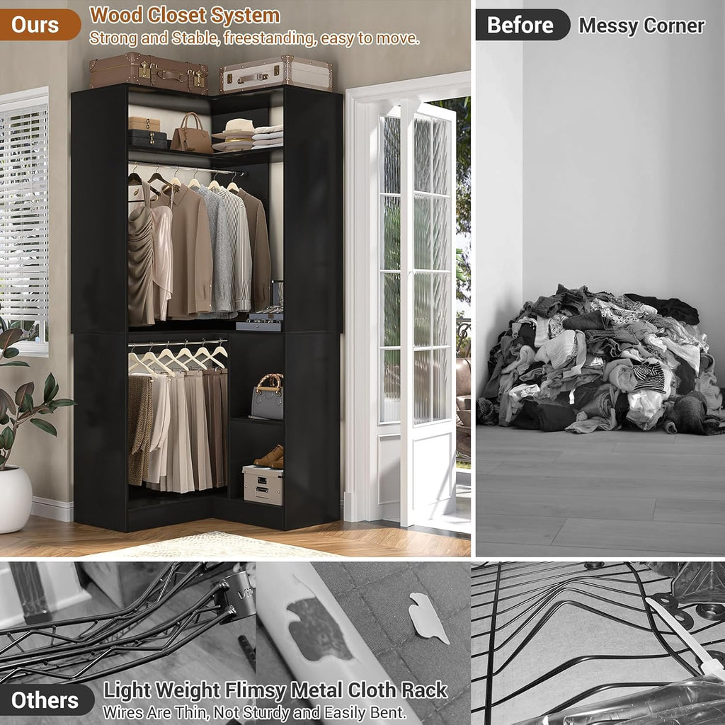 Corner Closet System with Shelves, Closet Organizer System with Hanging Rods, Wood Walk-in Closets for Corner Small