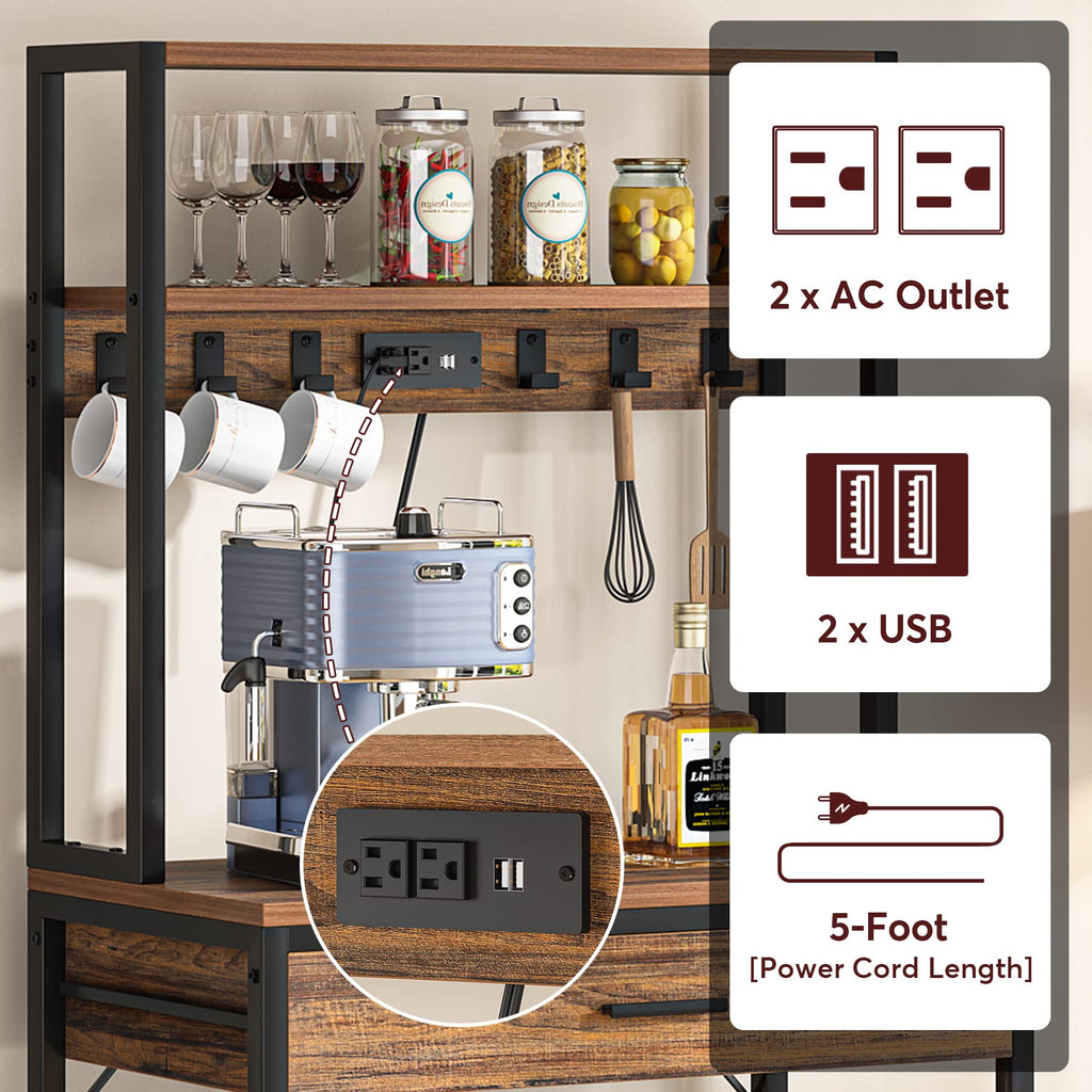 Kitchen Baker's Rack with Power Outlets, Freestanding 5-Tier Microwave Stand with Drawers & Sliding Shelves, Coffee