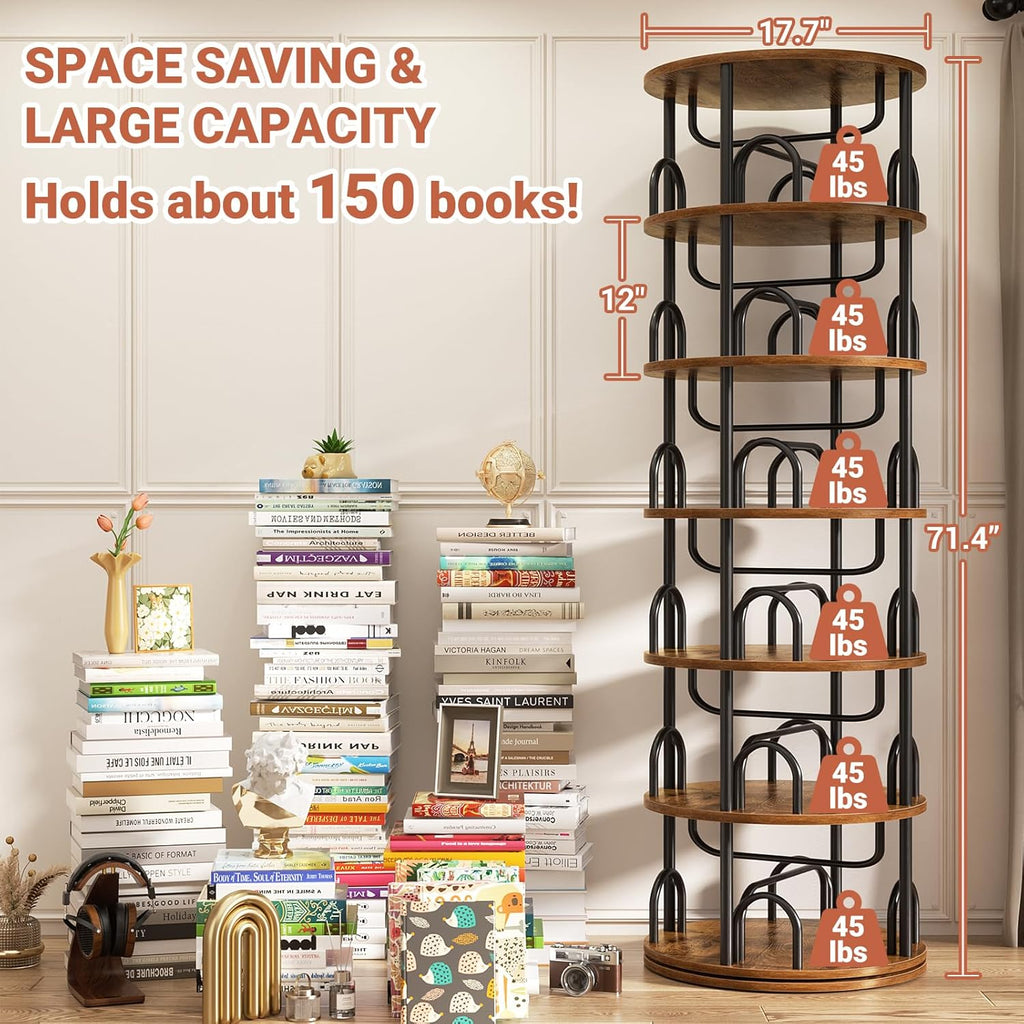 6 Tier Rotating Bookshelf Tower, Revolving Bookcase, 360° Round Spinning Book Shelf