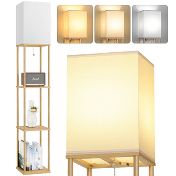 Floor Lamp with Shelves, 3-Tier Modern Square Bookshelf Standing Lamp Wood