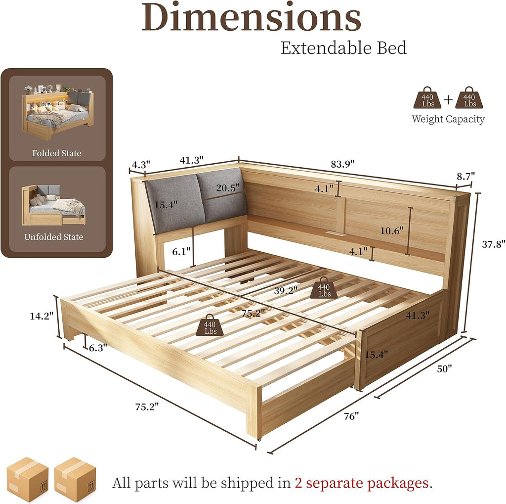 Twin Daybed with Extendable Trundle & Storage Headboard, Natural Oak