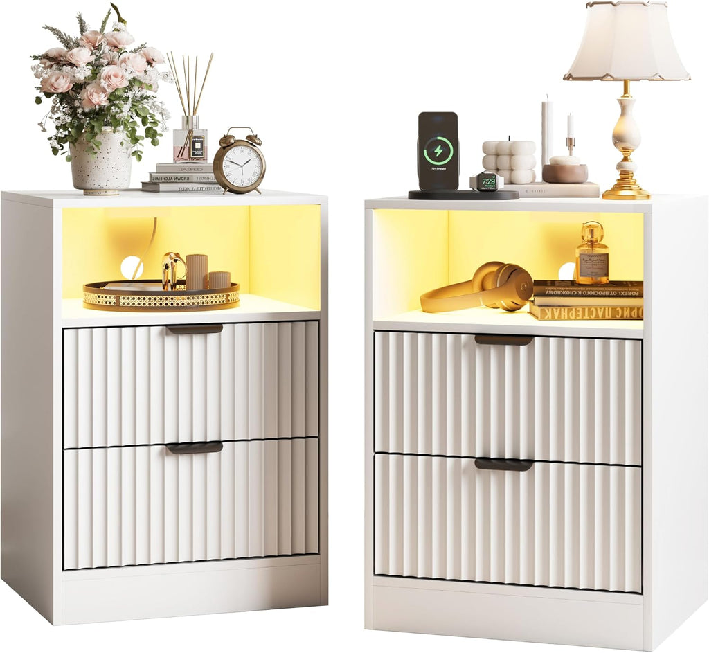 White Night Stand Set 2, LED Nightstand with Charging Station, Fluted Nightstands Set of 2 with 2 Drawers, Wood Side