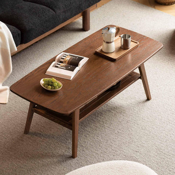 100% Solid Wood Coffee Table, Mid Century Modern Small Tables with Shelf Storage, Storage Coffee Table with Rounded