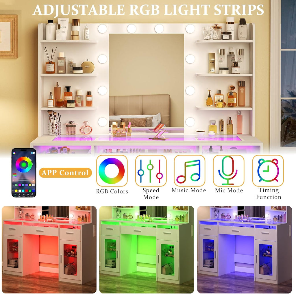 Vanity Desk, Makeup Vanity Desk with Mirror and Lights 3 Colors, Transparent Top with 3 RGB Drawers, 6 Shelves, 2