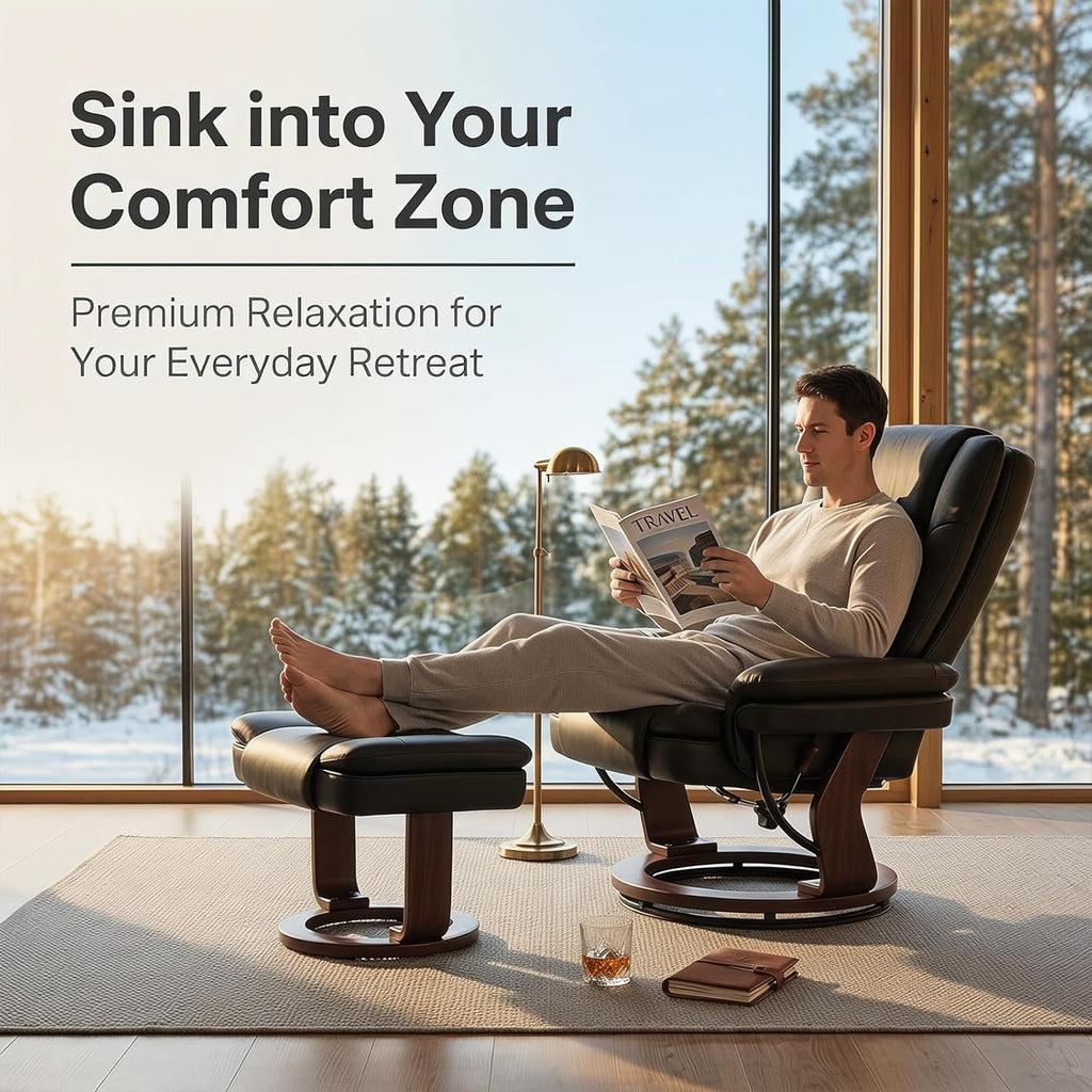 Modern Reclining Swivel Lounge Chair and Ottoman — Black PU Leather