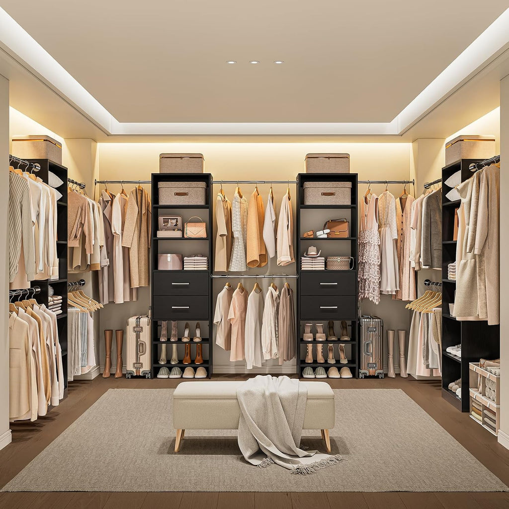 W2 Closet System with 2 Drawers, 3.5FT-7.7FT Closet Organizer System with 4 Chrome-Plated Telescopic Rods & 5