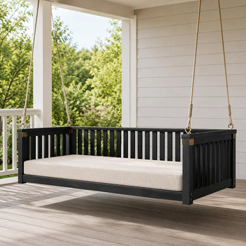Outdoor Porch Swing Bed, Twin Size Acacia Wood Daybed (Black) | Acacia Wood Frame, Hemp Ropes, Fits Twin Mattress