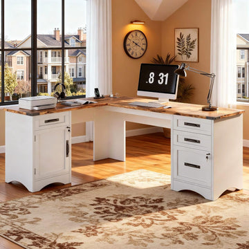 67" Farmhouse L Shaped Standing Desk with Drawers Home Office Executive Desks with Fast Charging Station, Lockable