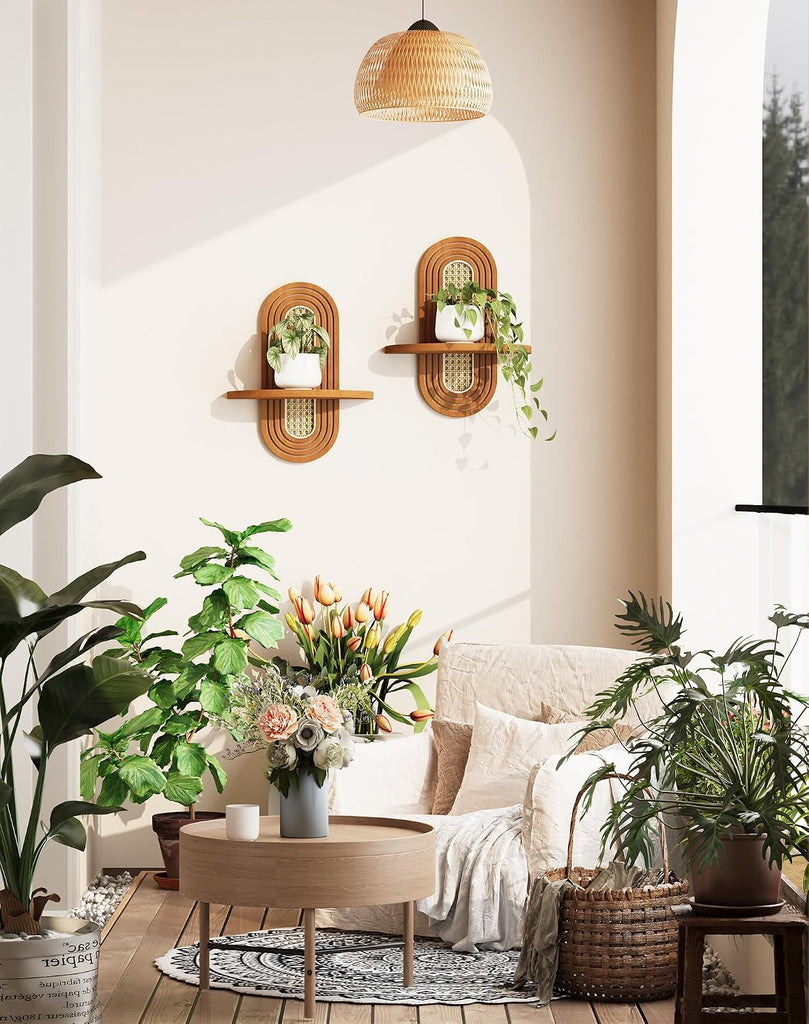 Floating Shelves for Wall, Boho Home Wall Decor,Rattan Plant Shelf Set of 2, Mid Century Small Decorative Shelf