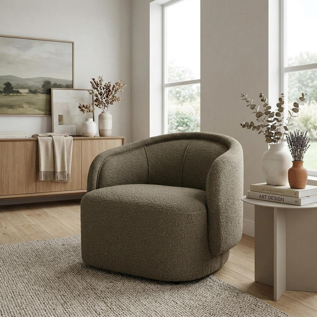 Amanda Low Profile Accent Chair, Fabric Round Back Chair, Boucle Upholstered Living Room Armchair, Comfy Reading