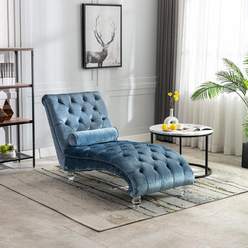 64" Velvet Chaise Lounge Chair Indoor with Ergonomic S-Shaped Backrest & 1 Pillow, Button-Tufted Accent Reclining