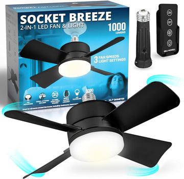 Breeze Socket Fan Light with Remote, 15.75" Cost Saving Ceiling Fans with Lights Replacement for Bedroom, Kitchen, Living Room, Warm 3500K, 1000 Lumens, Easily Screws into E26/E27